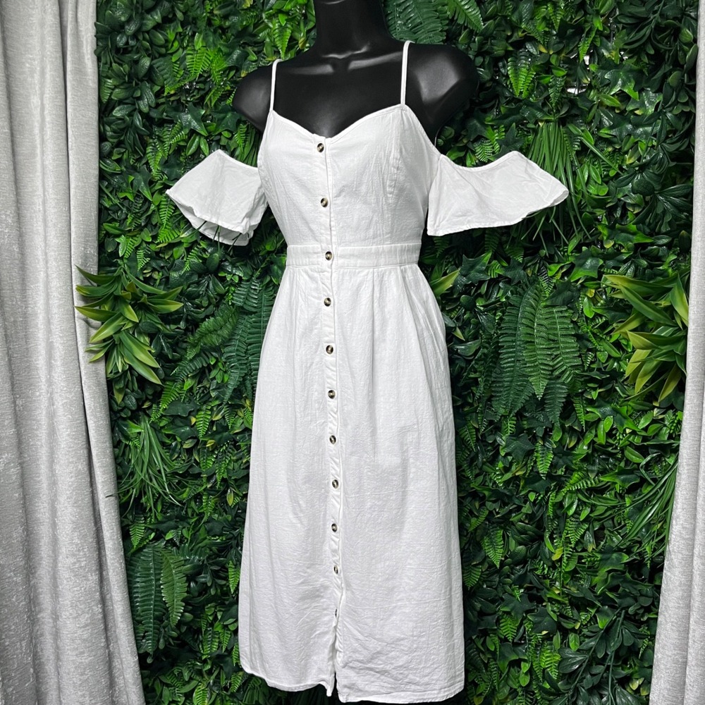 Lulus Dress Medium White Cotton Button Front Midi Flutter Sleeve Cottage 3679